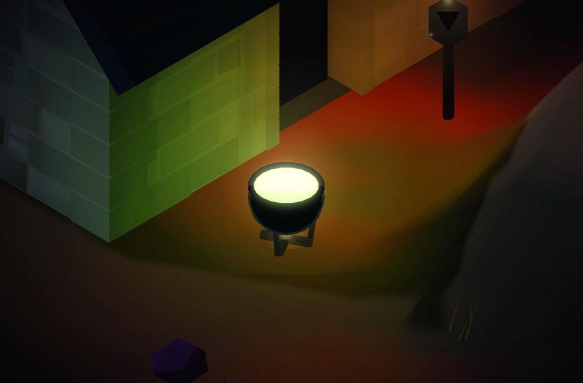 An iron cauldron glowing green beside a cottage