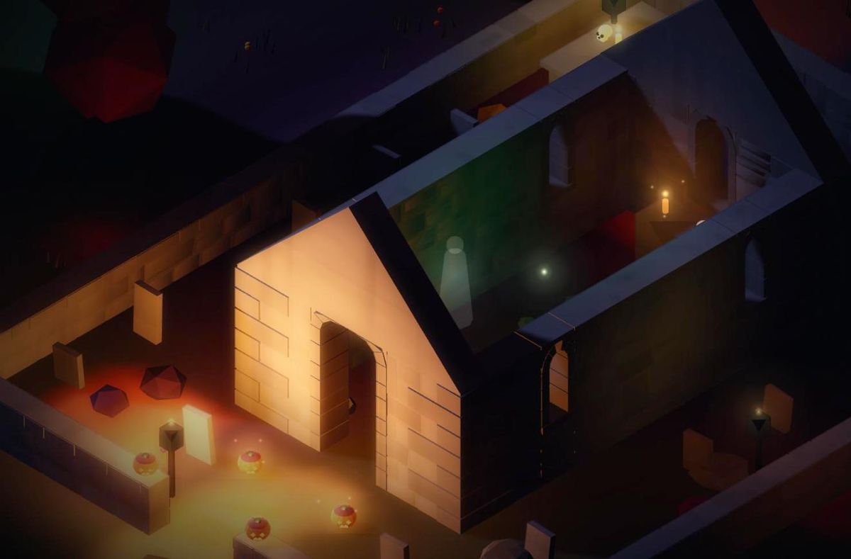 A roofless haunted kirk with a ghost in the nave and a corpse light