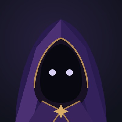 Onceval's avatar: the faceless magician, two pale eyes in a purple hood with gold trim and a four-point star.