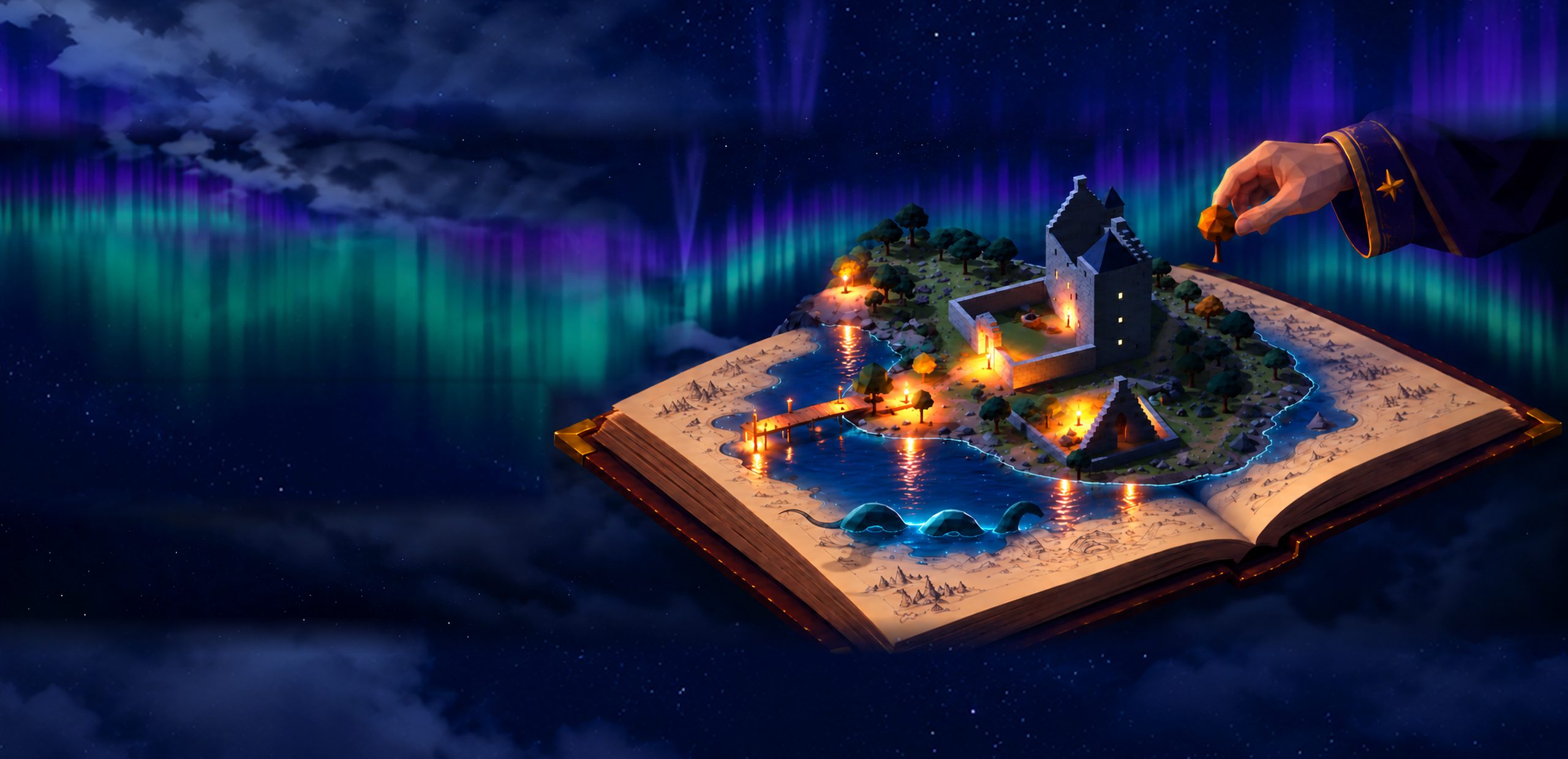 The storybook artwork without text: an island rising from an open book under the northern lights.