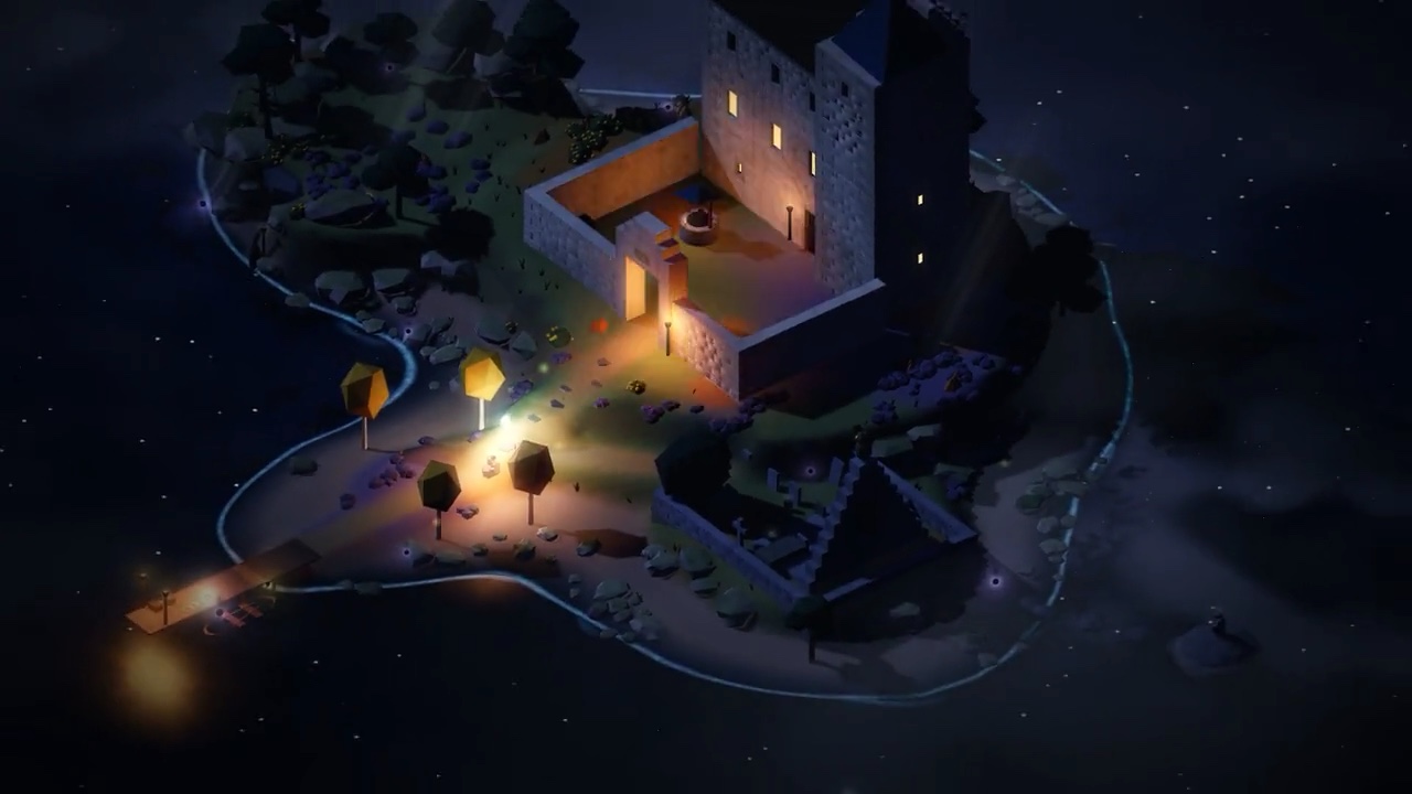 Eilean Dubh at night: a stone tower and a trail of golden lanterns down to the loch.